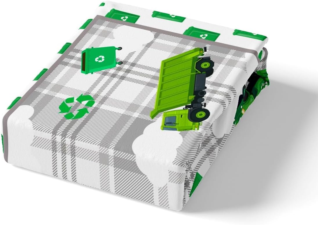 Green Garbage Truck Bedding Set,Cartoon Truck Duvet Cover for Kids Teens Boys Girls,Trash Truck Comforter Cover Decorative Room,Geometric Quilt Cover with 2 Pillowcases,King Size(No Comforter)
