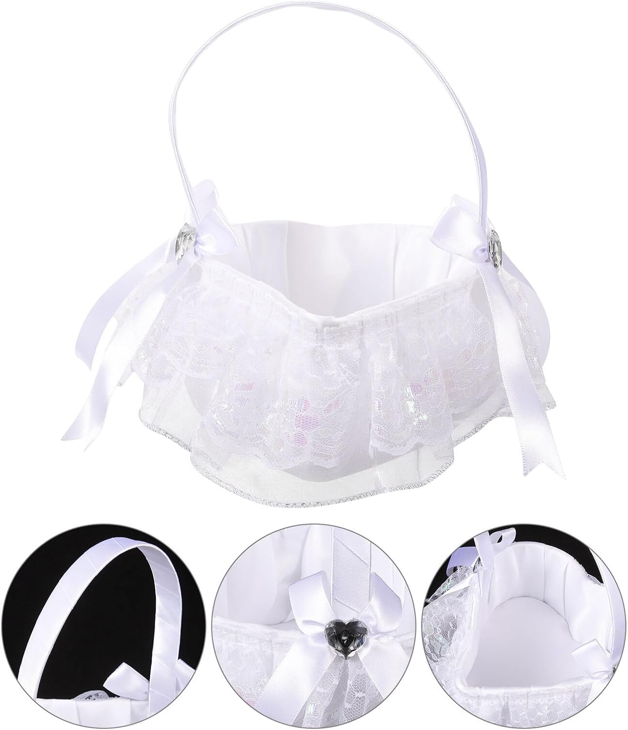 Wedding Flower Petal Basket with Handle, White Lace Heart-shaped Flower Girl Basket for Wedding Ceremony and Party Supplies