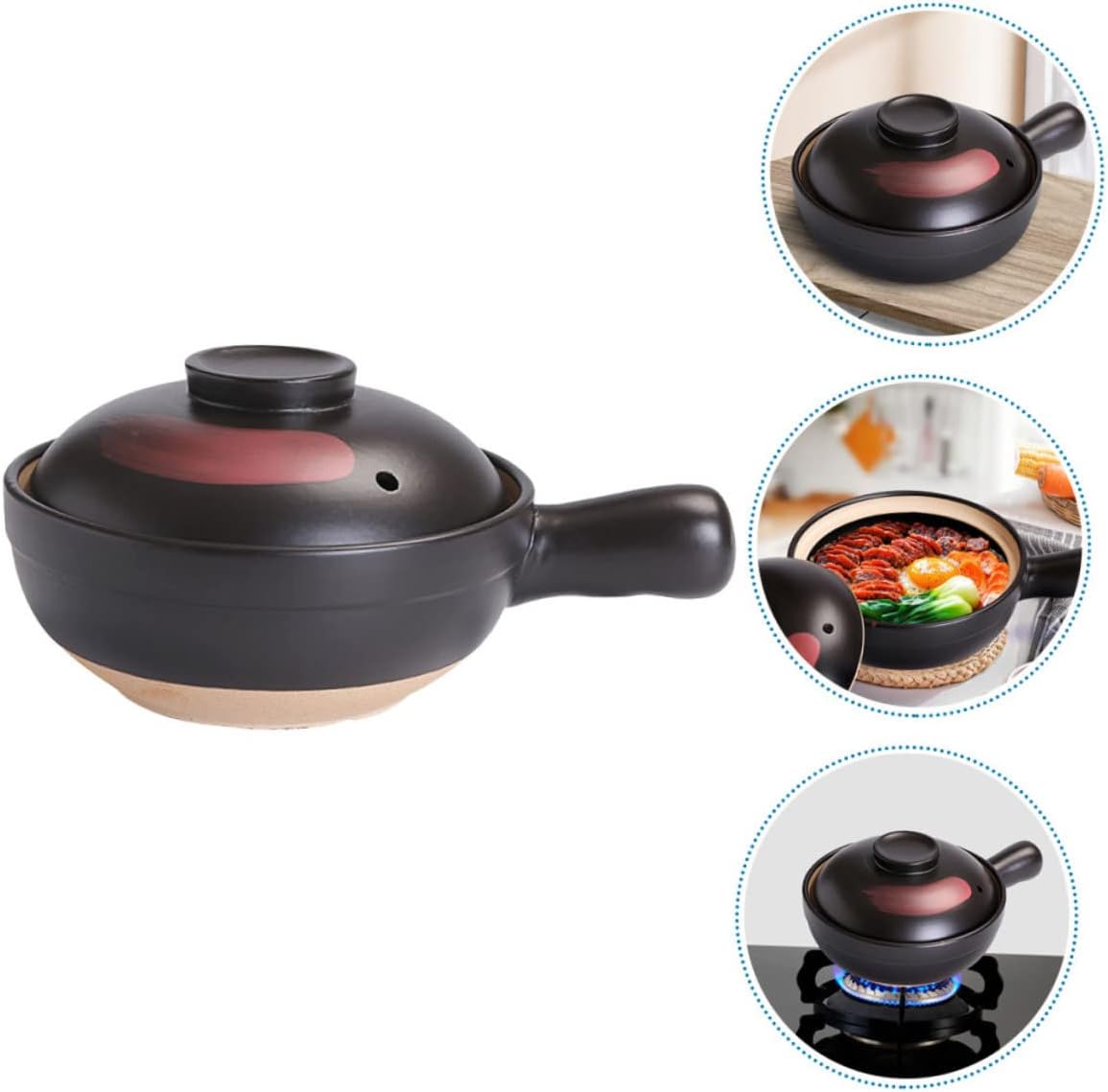 Healifty Large Black Red Brush Pattern Pottery Clay Casserole Stew Pot with Handle for Gas Stove Cooking Energy Saving Household Stew Pot for Soup Rice Braised Chicken and Healthy Meals