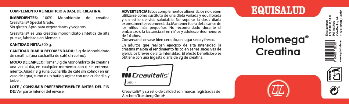 Holomega Creatina 300 g – Creatina Monohidrato Creavitalis® Alta Pureza | Mejora Rendimiento y Fuerza | Apto Veganos | Equisalud