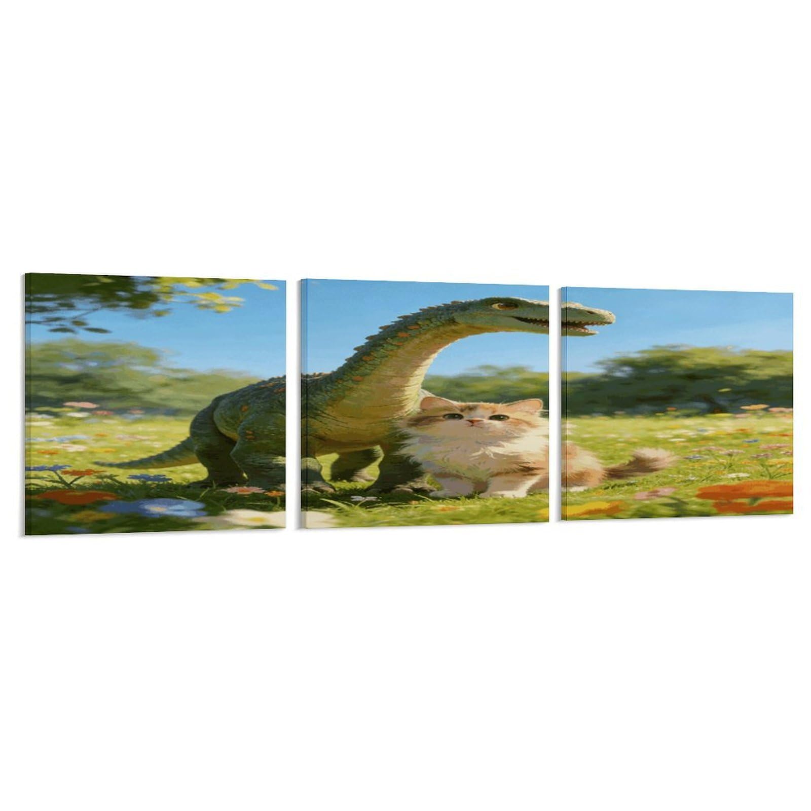 Khauerbc Style Set Of 3 Cat And Dinosaur Wall Art，Paintings Artwork For Living Room, Hallway, Bedroom, Office Wall Decor For Living Room, Hallway, Bedroom, Office Paintings Artwork 8X8 Inch