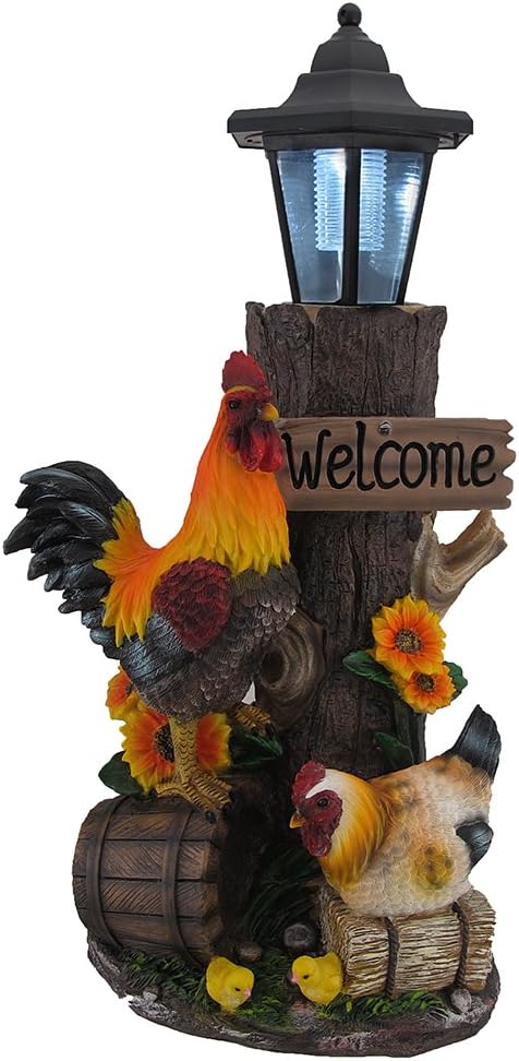 Zeckos Rooster Family Solar LED Lantern Statue and Welcome Sign