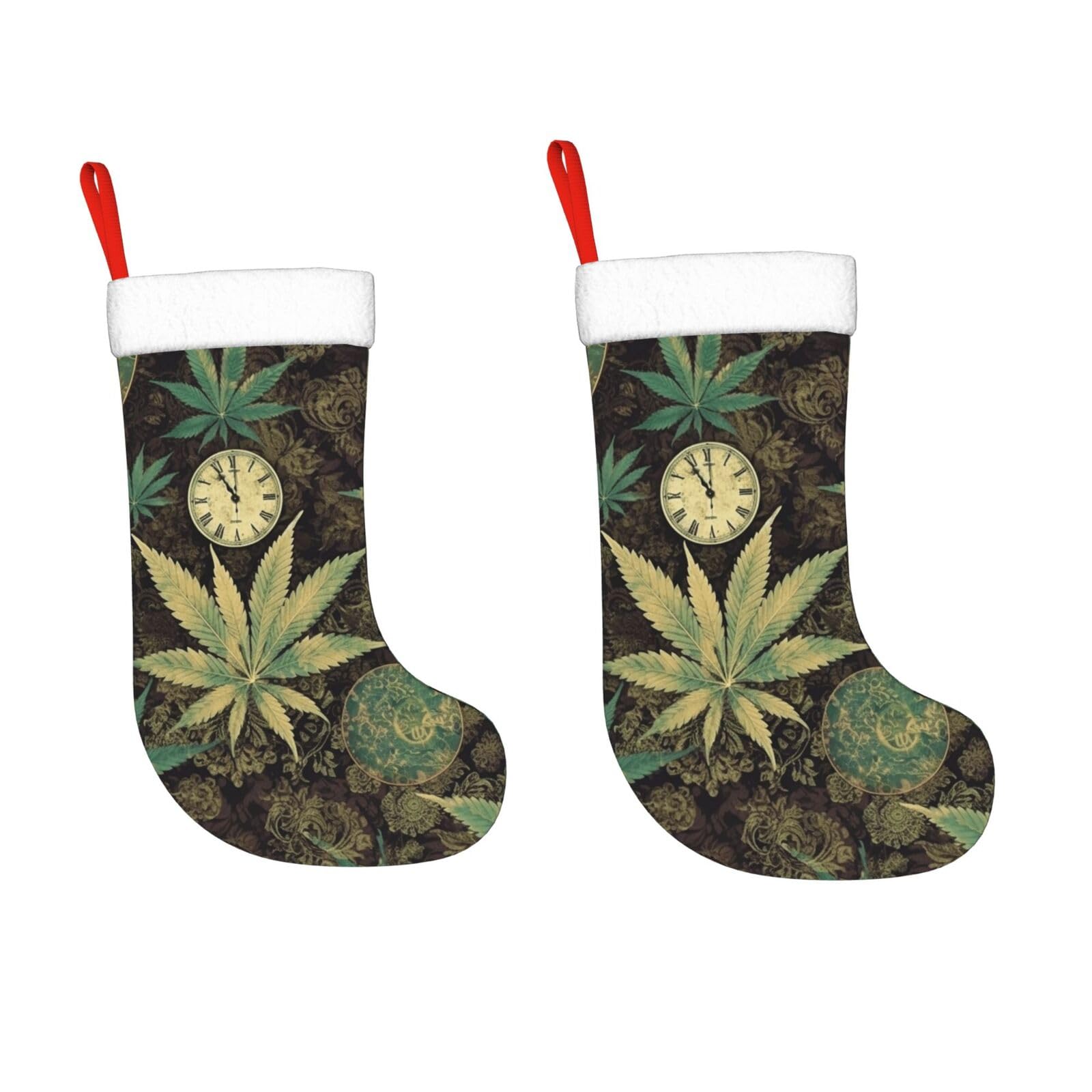 KLOPH 2 Pack 18 Inches Christmas Stockings Personalized A Puff in Time Weed Marijuana Xmas Stocking Hanging Decoration Fireplace Stocking for Holiday Xmas Tree Christmas Fireplace Decor Gifts