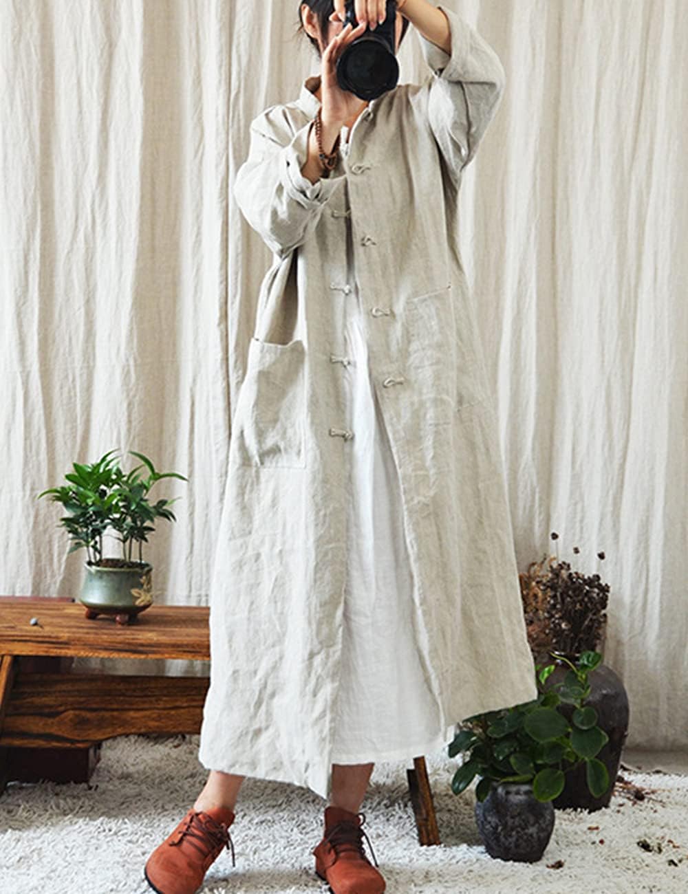 NFYM Women Vintage Cotton Linen Trench Coats Button Stand Solid Color Long Sleeve Pockets Long Jackets