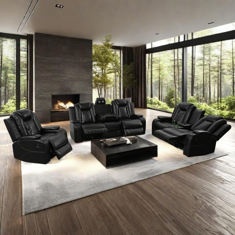 Miniatura 8 de Juego de sillón reclinable eléctrico con luces LED, juego reclinable de cuero con puerto USBcargador inalámbricoconsola de almacenamientoportavasos