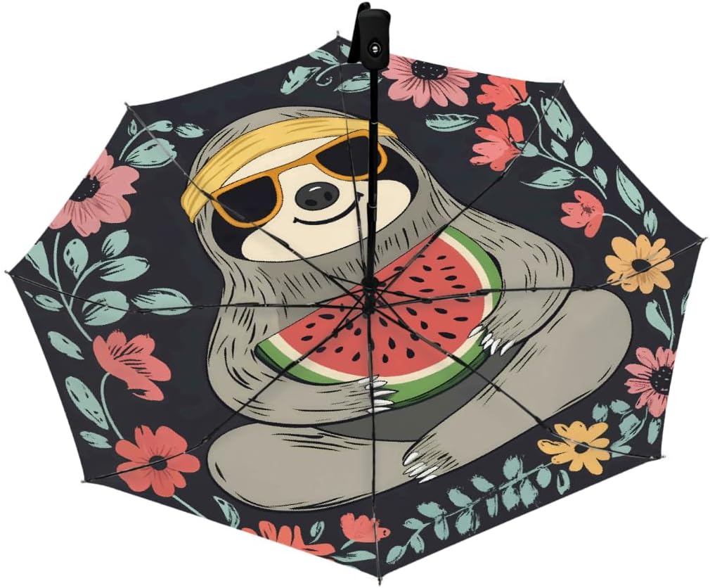 Animal Sloth Flower Watermelon Folding Umbrella Windproof Compact Lightweight Travel Umbrella with 8 Reinforced Ribs, Portable UV Sun & Rain Protection for Men & Women