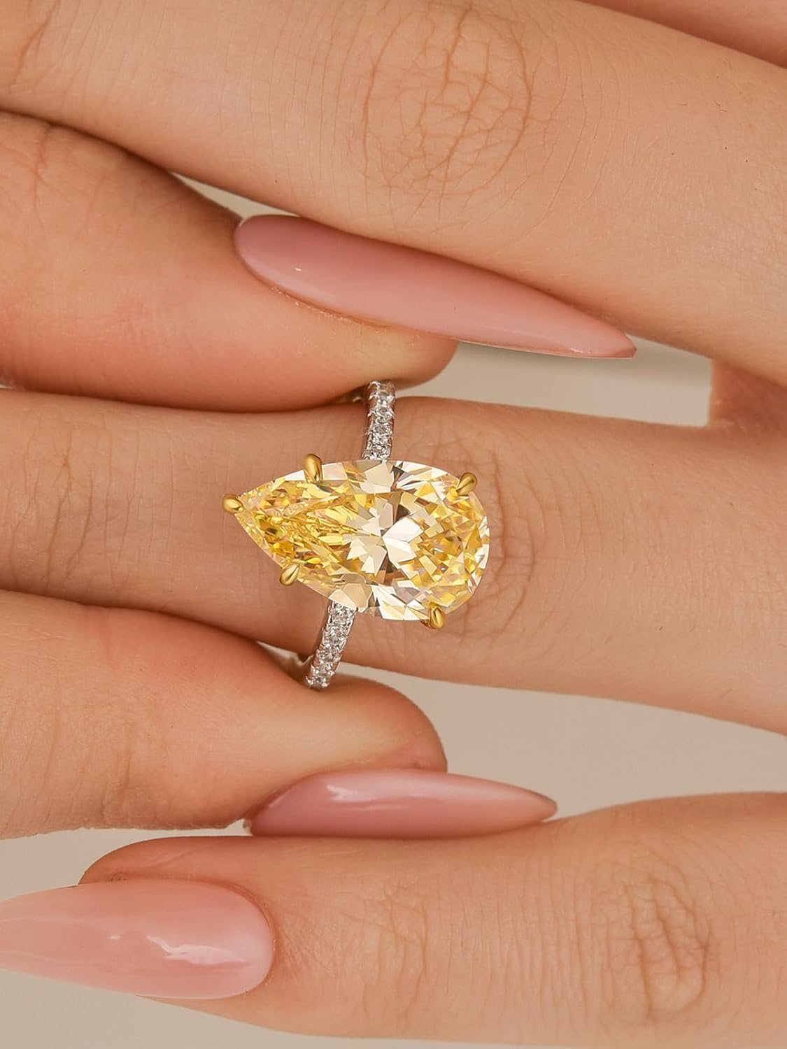 5.0CT Elongated Pear Shaped Yellow Stone Engagement Ring for Women, S925 Silver Hidden Halo 5A Grade CZ Promise Wedding Ring - Image 5