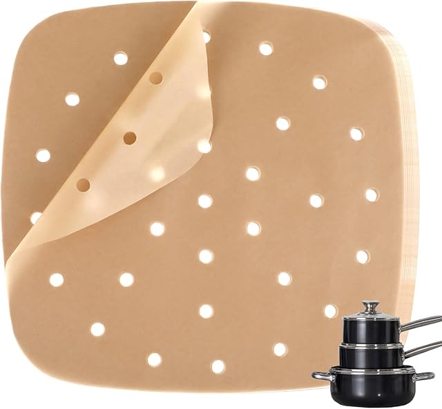 COMNICO Perforowany papier do frytkownicy powietrznej, 100 szt., 20 cm, jednorazowe wkładki do papieru do pieczenia, arkusze filtrujące, forma do ciasta, kwadratowe, niebielone, nieprzywierające, do