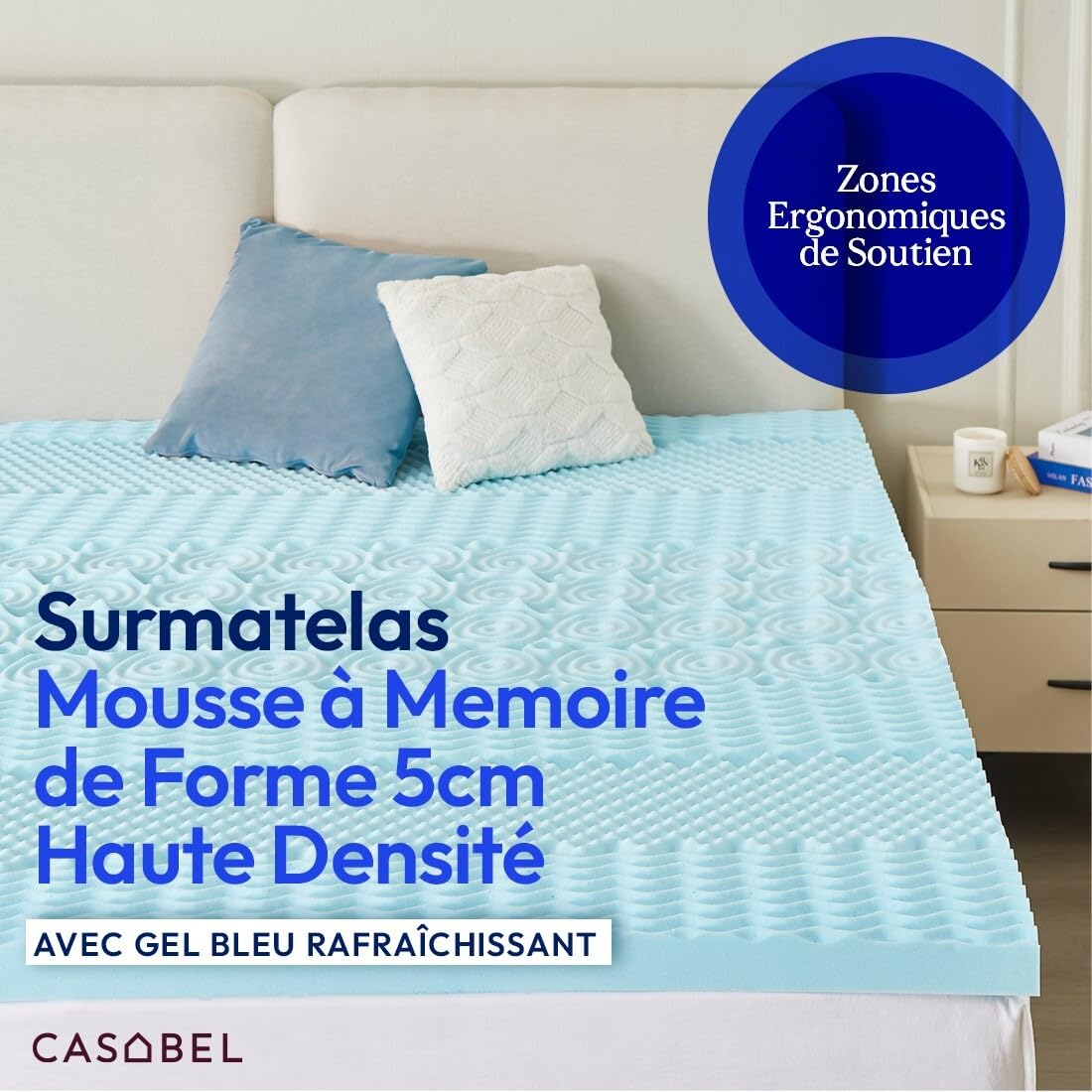CASABEL Surmatelas 140x190 Cm Mémoire De Forme 5 Cm Gel Infusé – Soutien Ergonomique 7 Zones, Rafraîchissant, Pour Lit Double, Clic-Clac, BZ – Fabriqué En France