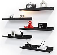 RicherHouse 5-Pack Black Floating Wall Shelves with Lip - Modern Picture Ledge for Nursery, Bedroom, Bathroom Storage (20lb Capacity)