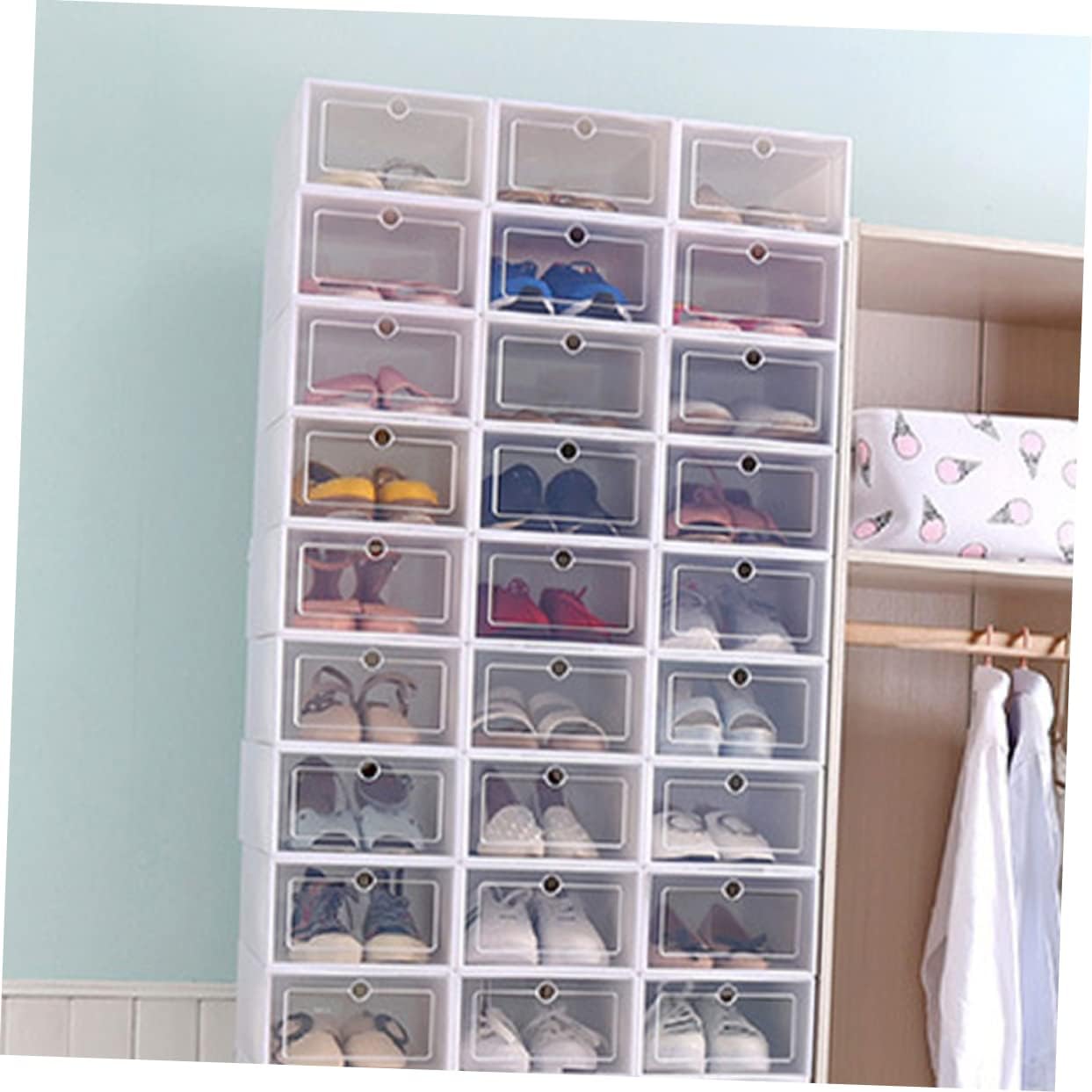 Amosfun 6PCS Transparent Stackable Shoes Storage Boxes for Sneakers Thickened Plastic Shoe Containers with Doors Bins for Closet and Cabinet
