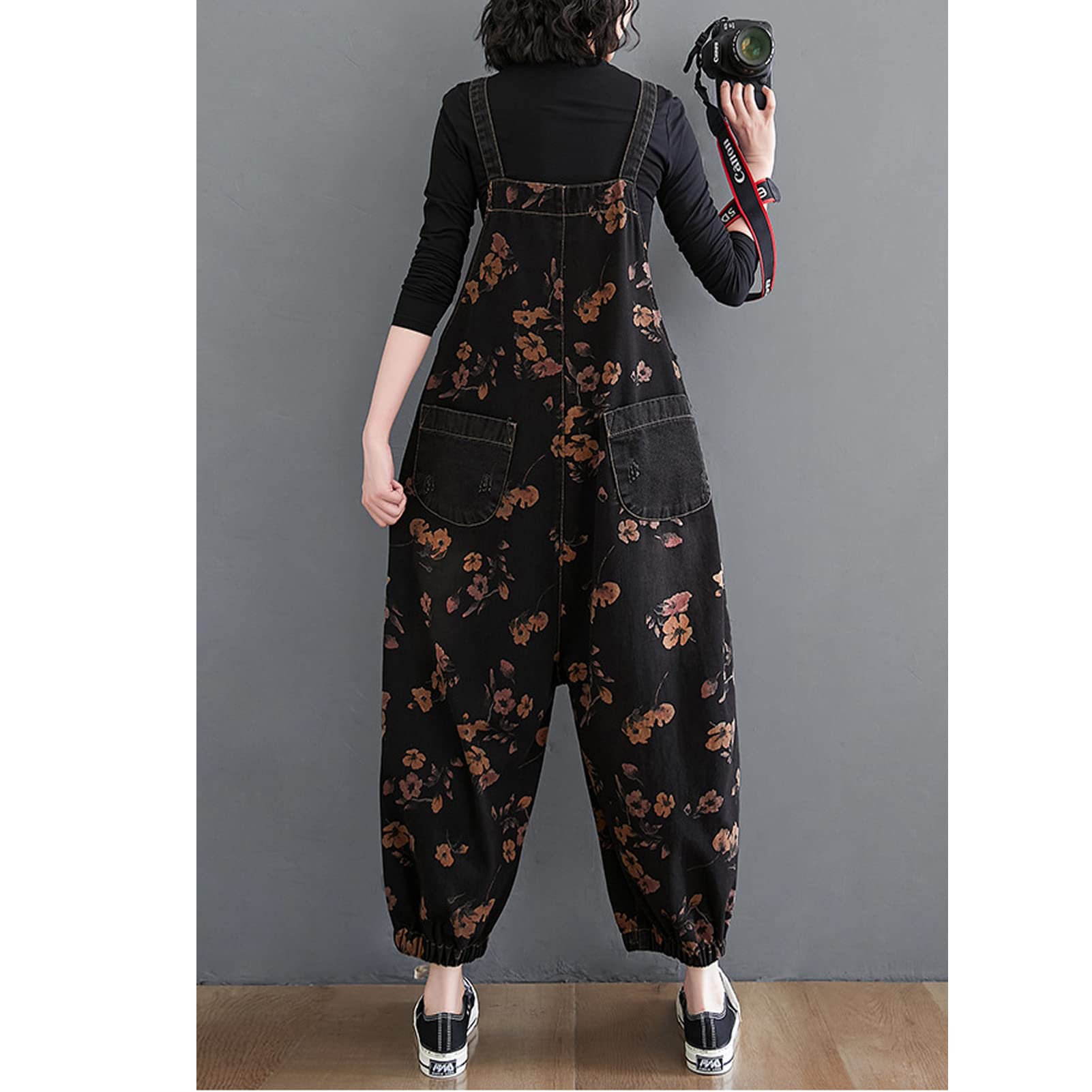 Salopette da donna in denim Salopette Pantaloni da donna Vintage Casual Baggy Jean Tute regolabili Tute Tute a gamba larga Tutina Pantaloni lunghi nero-XL
