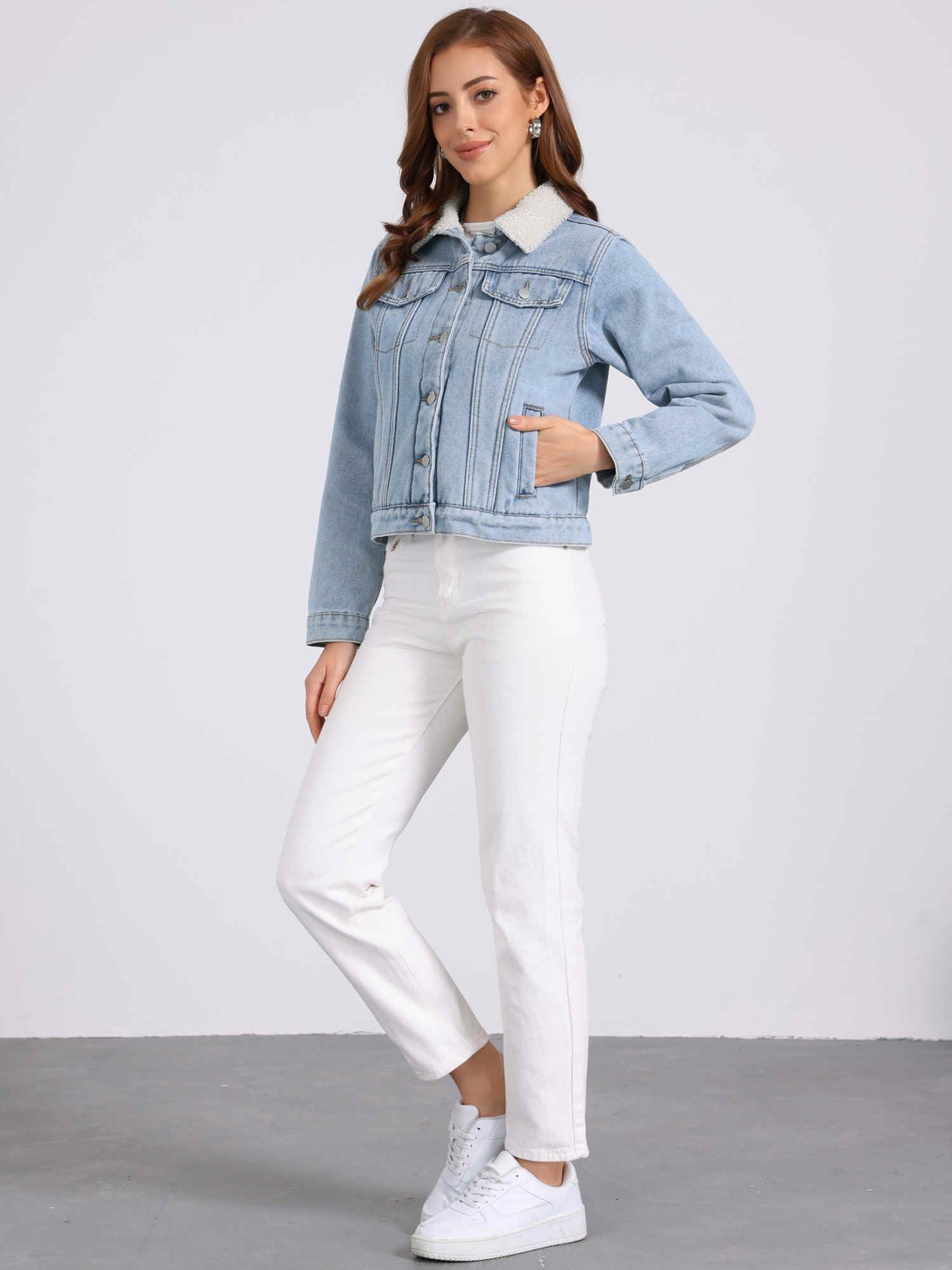 Allegra K Chaqueta Vaquera con Forro Polar para Mujer Abrigo Vaquero Cálido de Piel Sintética con Cuello Chaquetas de Camionero