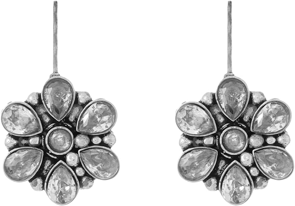 Yellow Chimes Earrings for Women and Girls | Traditional Silver Oxidised Drop Earrings Studded White Stone | German Silver Earring | Floral Drop Earrings | Accessories Jewellery for Women | Birthday Gift For Girls and Women Anniversary Gift for Wife