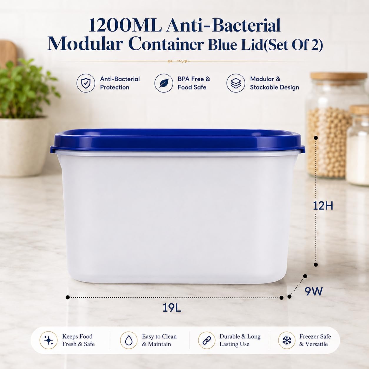Cutting EDGE Sello antimicrobiano | Recipientes de almacenamiento de protección antibacteriana ovalados | Cocina modular | para Harina, Modular, 1200ml, Juego de 2, Azul Marino