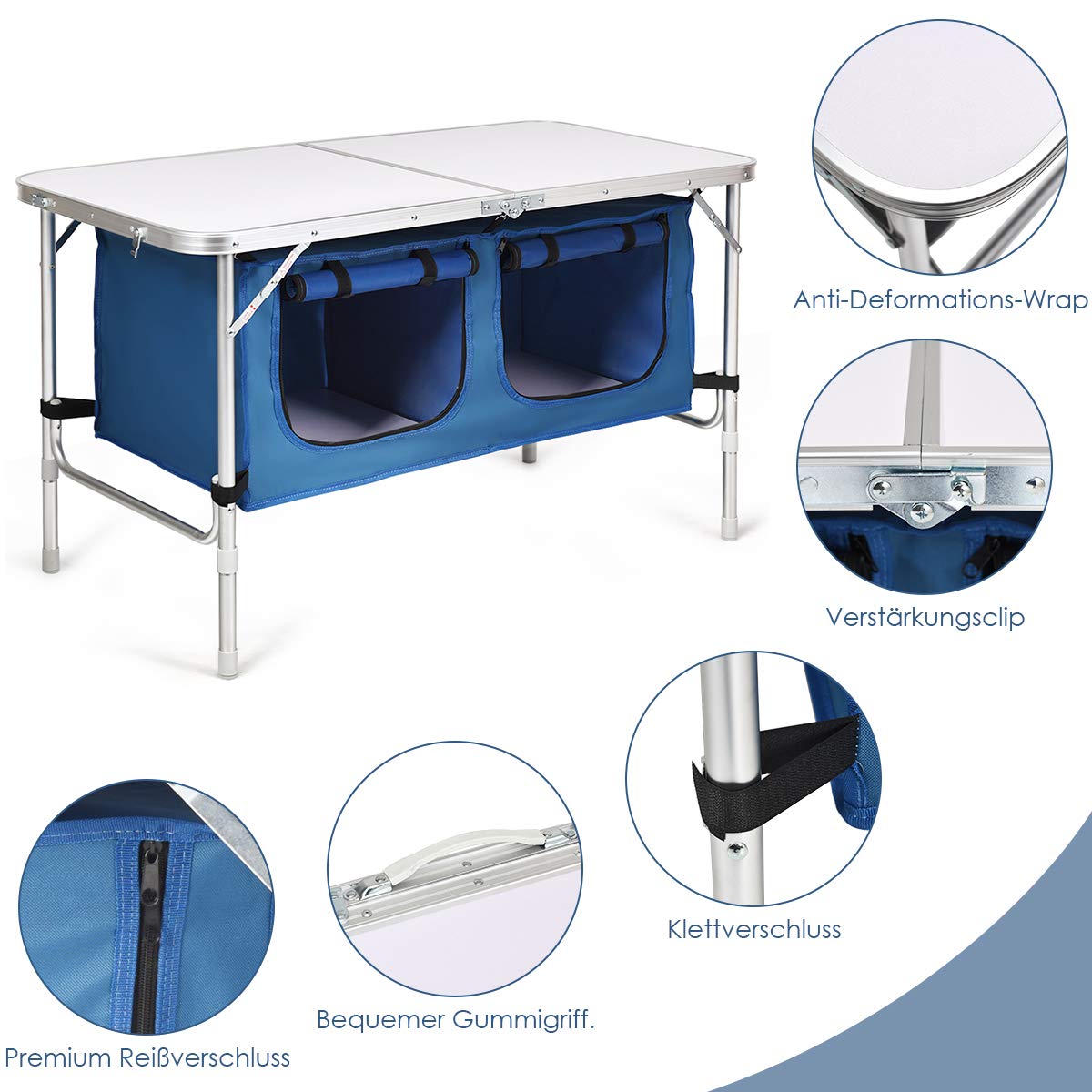 COSTWAY Campingküche mit großem Stauraum, Reiseküche Klapptisch Alu Höhenverstellbar von 53-70cm, Gartentisch Picknicktisch Campingschrank