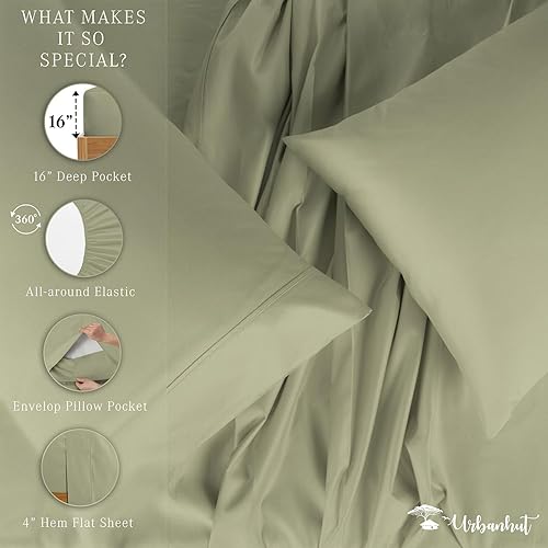 Miniatura 5 de URBANHUT Sábanas de algodón egipcio de 1000 hilos tamaño King, fibra larga, suaves y transpirables, juegos de sábanas de 4 piezas para cama tamaño