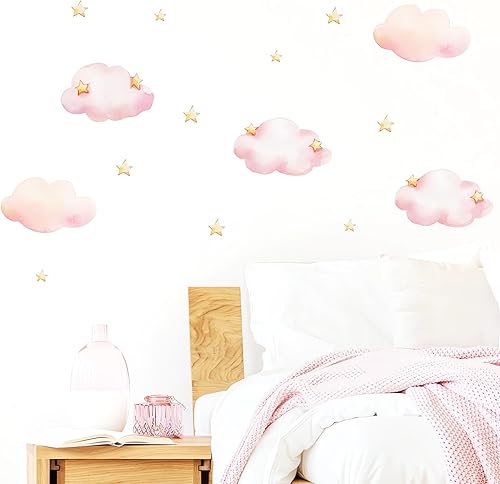 Miniatura 2 de Calcomanías de pared de nubes y estrellas rosadas, sacinora de dibujos animados, calcomanías de pared de vinilo removible para niños, bebé,