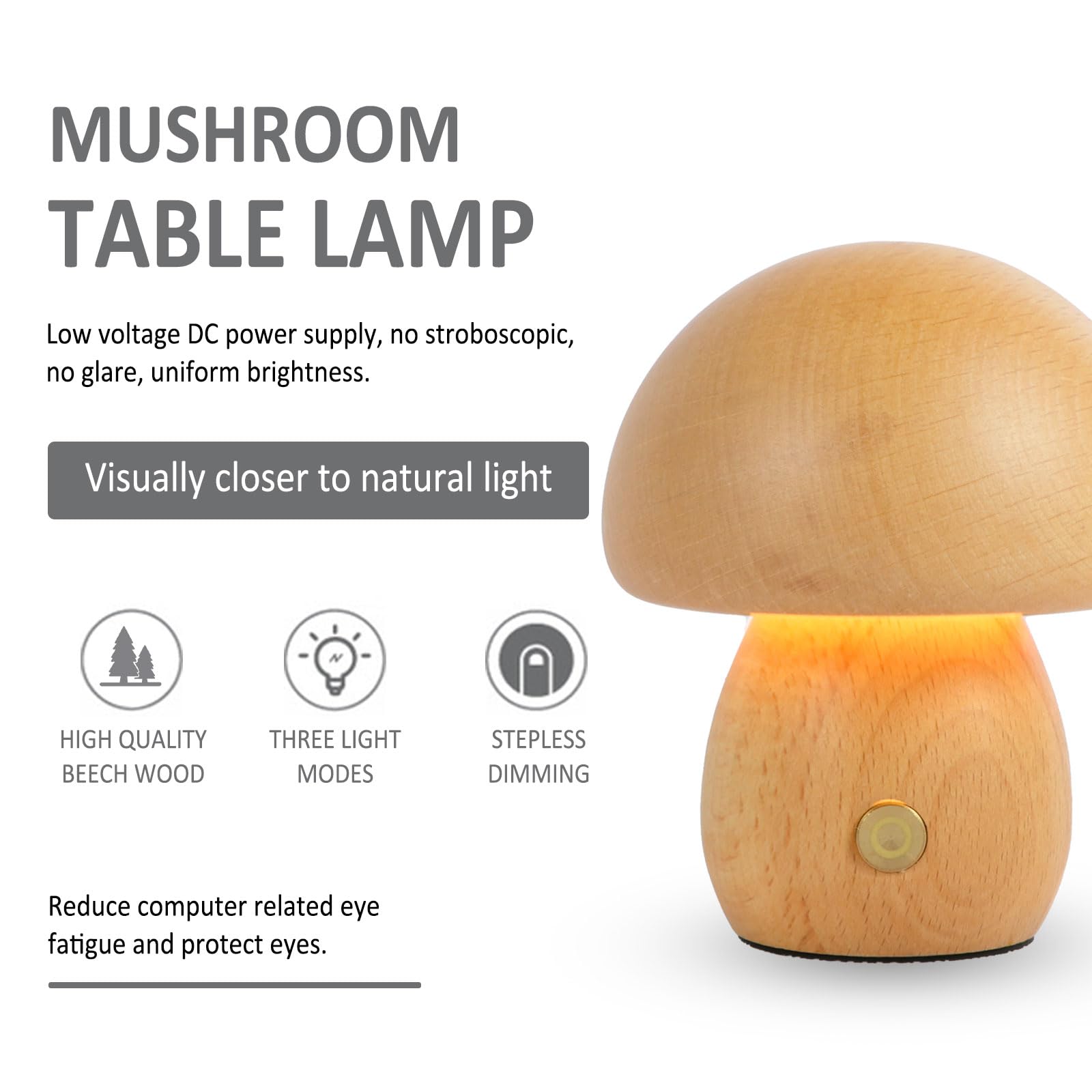 Rechargeable Mushroom Night Light - Touch Control Wooden Lamp For Bedroom & Kids Room