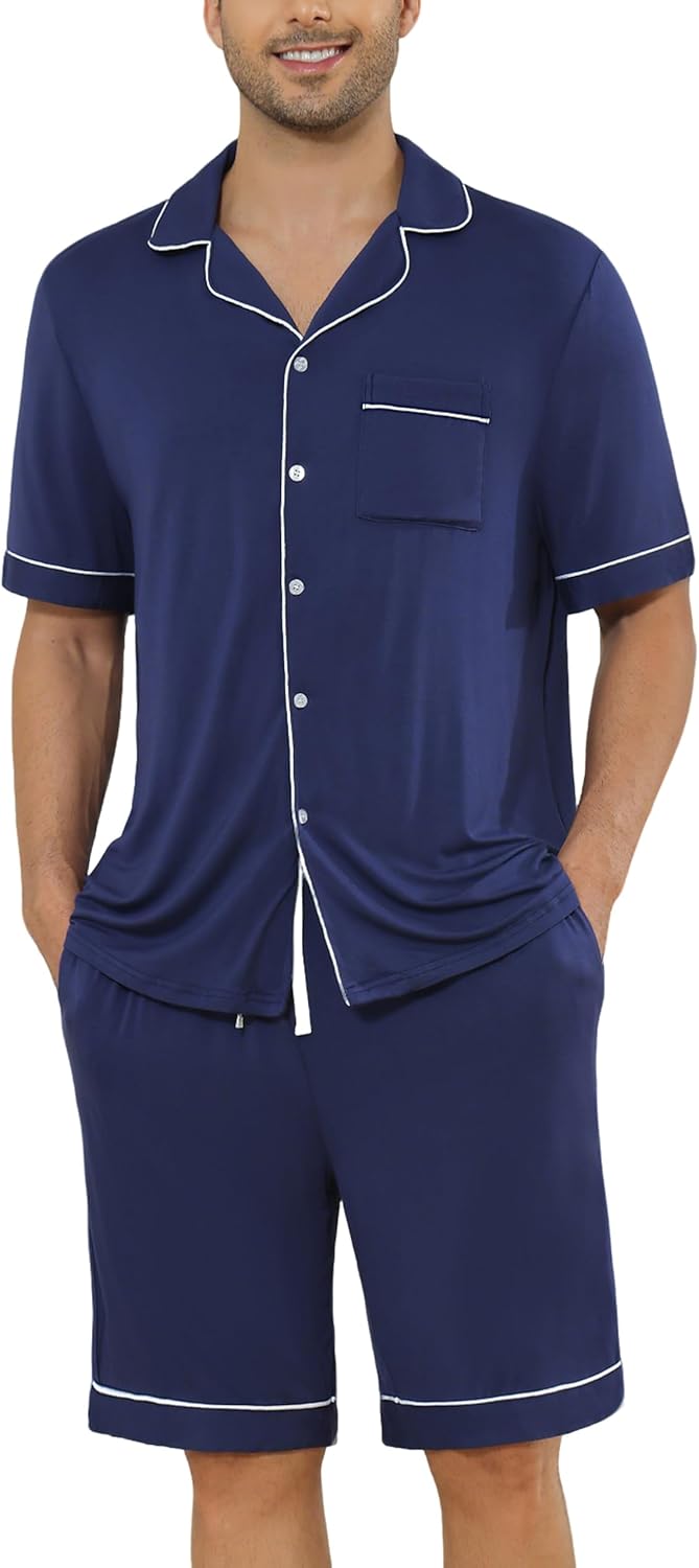 Veseacky Mens Pajamas Set Short Sleeve Soft Button Down Sleepwear Two Piece Mens Loungewear Pjs Set with Pockets S-XXL