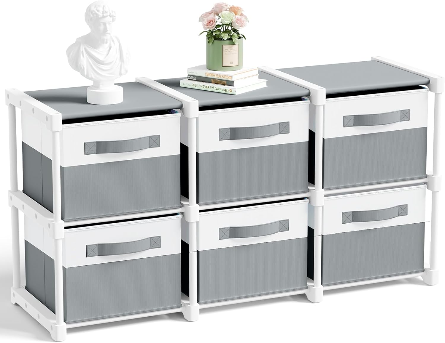 Thyle Large Cube Storage Organizer Shelf with 6 Bins 14 Inch Fabric Collapsible Cubby Storage Drawers Shelving Unit for Christmas Ornaments Clothes Toys Craft(Gray-white,Minimalist)