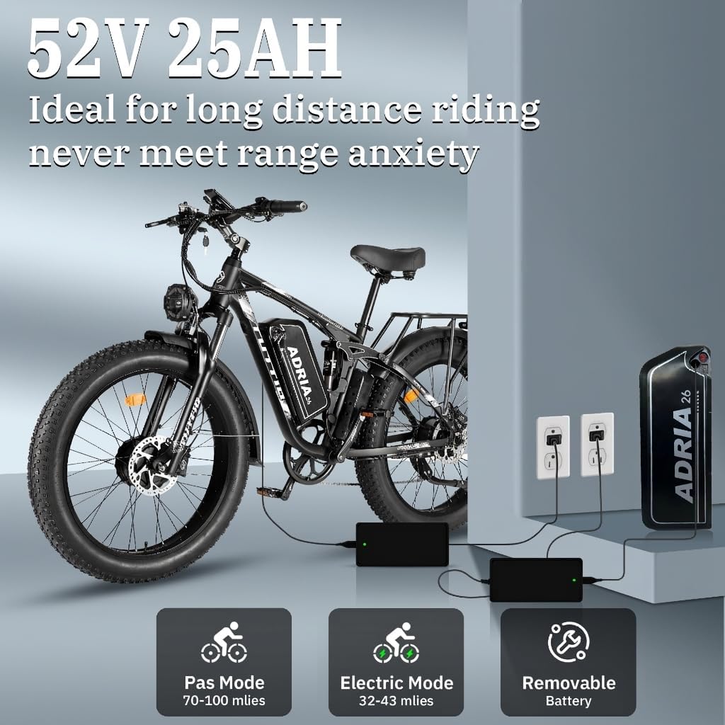 TUTTIO Adria26 Dual Motor Electric Bike for Adults & E Bike with 52V 25AH, 90+ Mi Range, 26x4 Fat Tire Full Suspension ebike