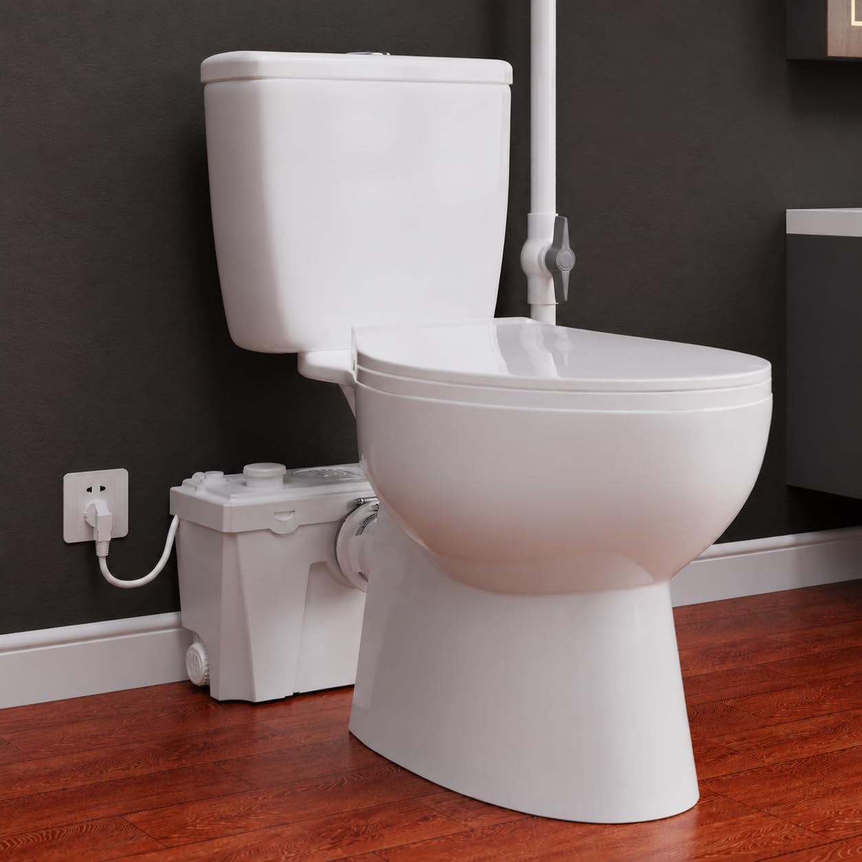 Macerating Toilet with Pump,Upflush Toilet System for Basement & Attic | 4-Inlet Macerator Pump, 23 FT Vertical Lift, Under 45 dB Quiet Operation, Complete Toilet Kit with Extension Pipe