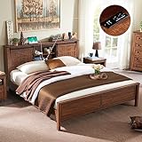 T4TREAM Farmhouse King Size Bed Frame w/Storage Bookcase Headboard, Sliding Barn Door, Charging Station, Rustic Wood Platform Bed w/Wood Slats Support, No Box Spring Needed, Reclaimed Barnwood Color