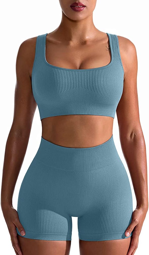 OQQWorkout Outfits for Women 2 Piece Seamless Ribbed High Waist Leggings with Sports Bra Exercise Set…