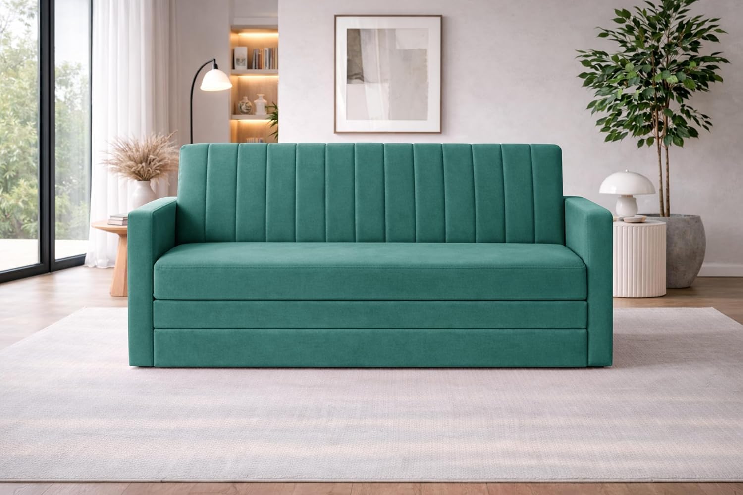 Rosebell Foldable Sofa-Cum-Bed | 3-in-One Convertible Couch with Armrest | Modern Fabric Sofa for Living Room, Bedroom & Office - Green Color