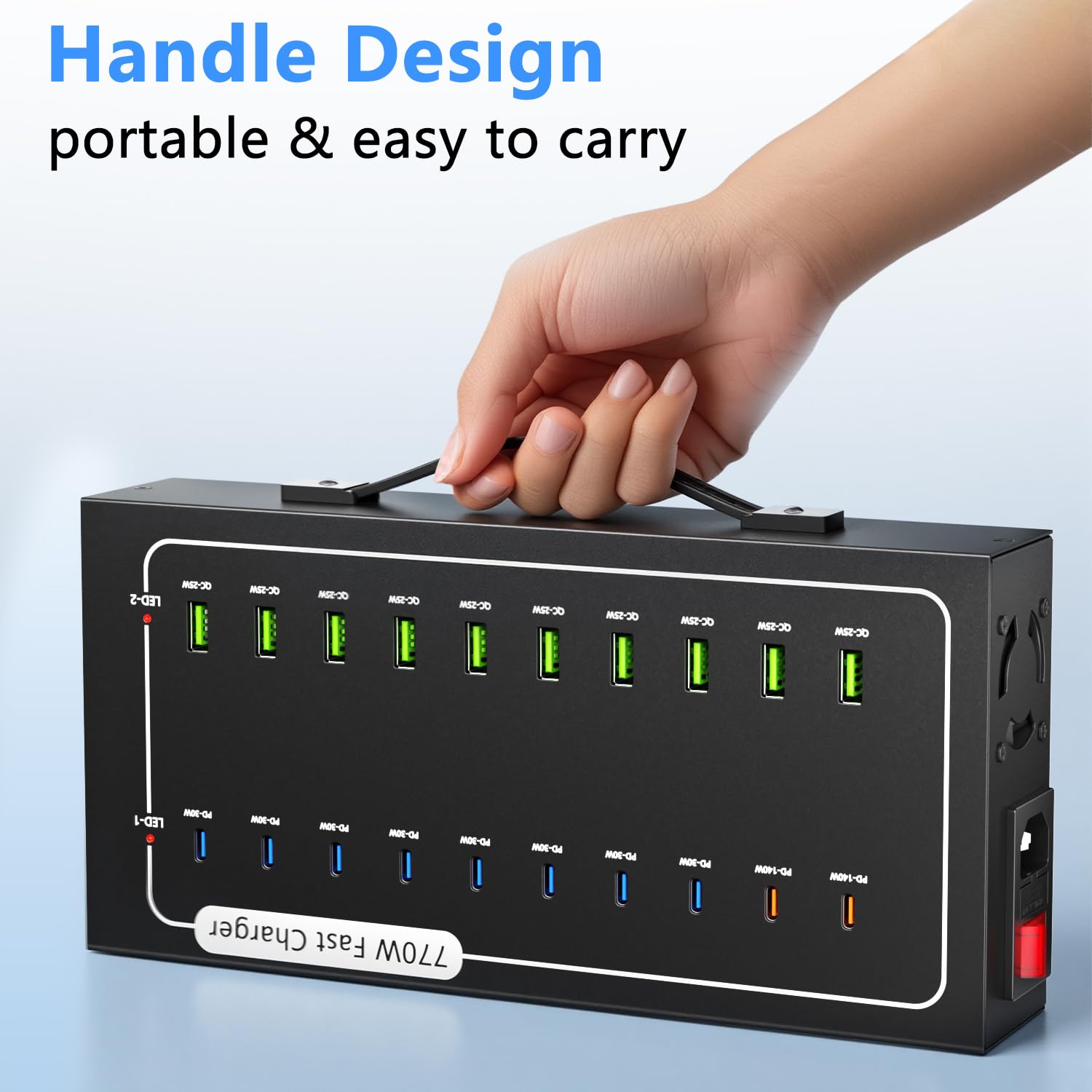 Station de charge USB 770 W avec 20 ports pour plusieurs appareils, 10 USB A + 10 USB C, bloc de chargement, alimentation intelligente et protection multiple compatible avec iPhone/iPad/tablettes