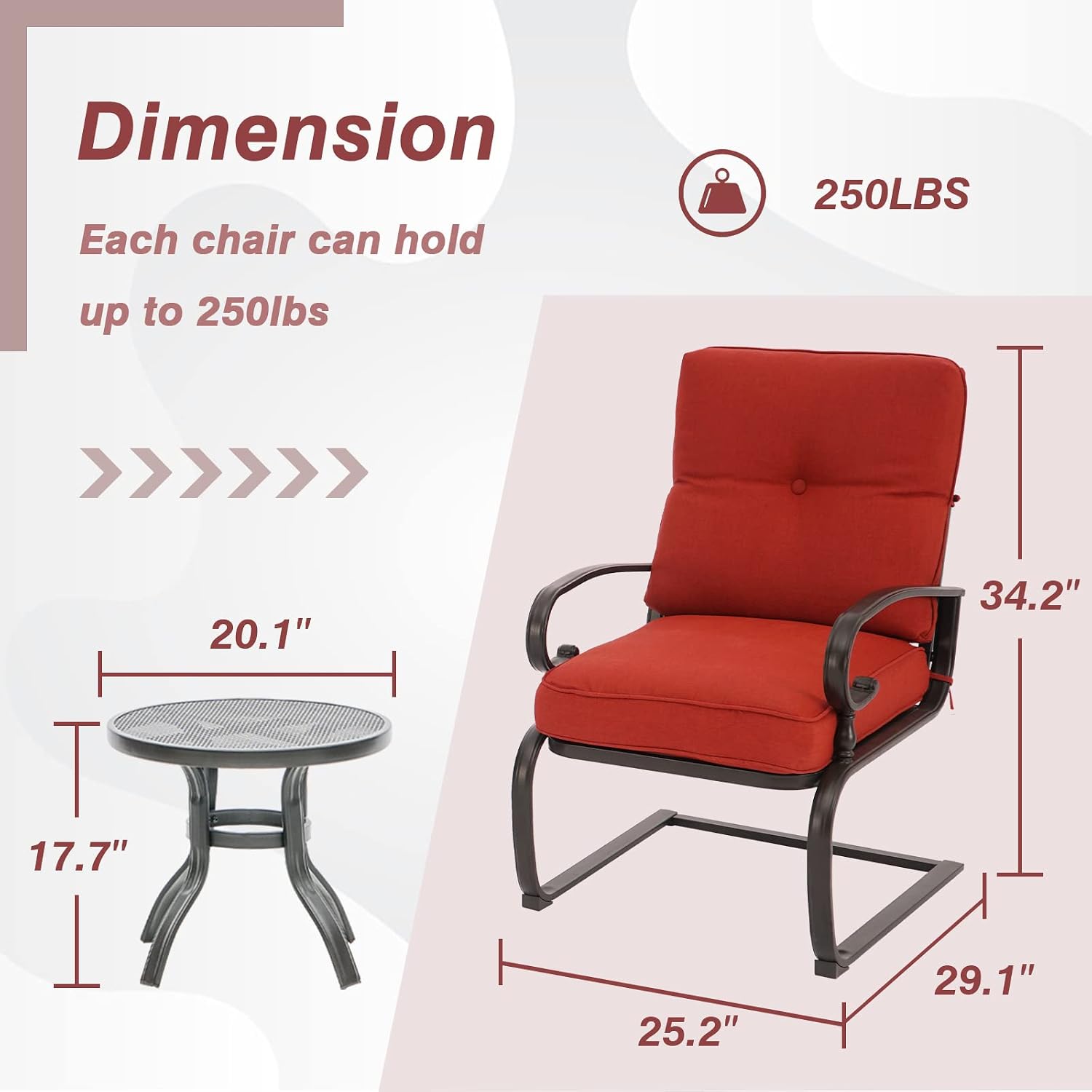 Oakcloud Outdoor Bistro Set 3-Piece Spring Metal Lounge Cushioned Chairs and Bistro Table Set Wrought Iron Cafe Furniture Seat, Red