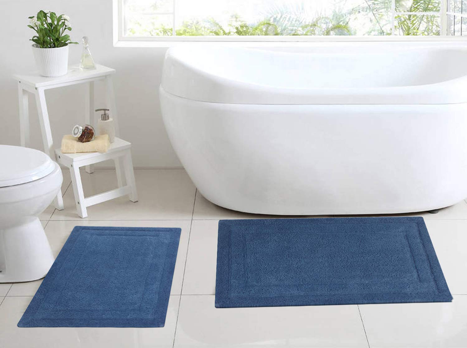 Chardin home Classicc Badteppich-Set, 100% Baumwolle, zweiteilig, 53,3 x 86,4 cm und 43,2 x 61 cm, mit Rutschfester Latex-Rückseite, Mittelblau