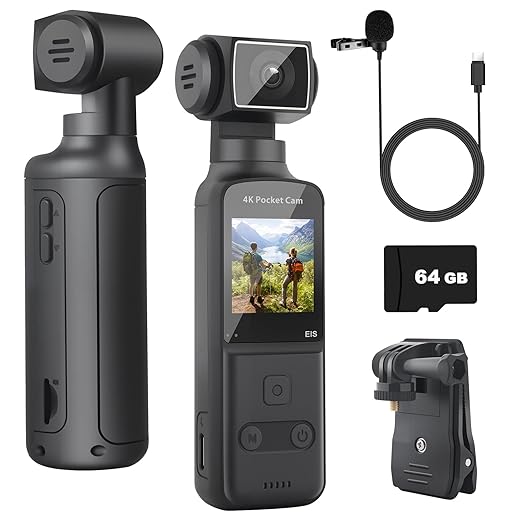ydi 4K body camera met externe microfoon, video & audio mini vlog camcorder zakformaat 270° rotatie camera voor sport, fietsen, reizen, politie-instrument, 64 GB inbegrepen