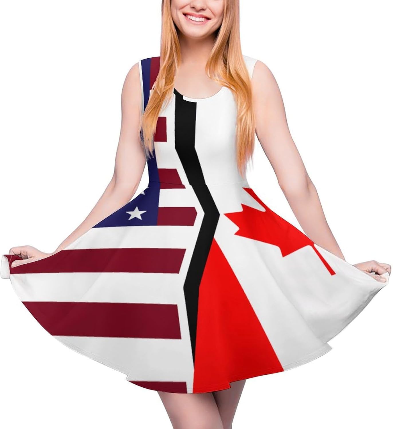 American and Canadian Flag Summer Dresses for Women Sleeveless Beach Sundress Swing Mini Tank Dress 5X-Large