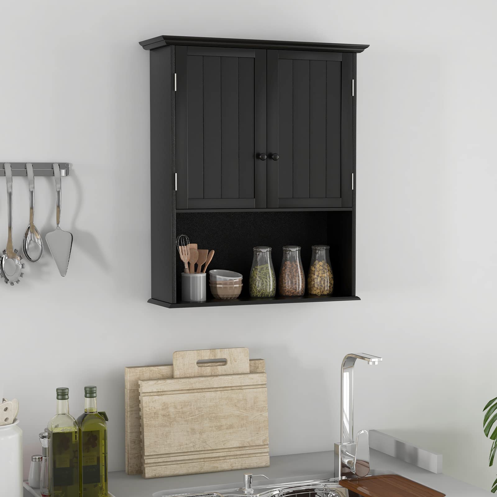 GIANTEX Armoire Salle de Bain Suspendue en Bois, Armoire Murale avec 2 Porte, Étagère Réglable, Compartiment Ouvert, Placard Murale pour Toilette, Cuisine, Entrée, 60 x 20 x 71 CM (Noire)