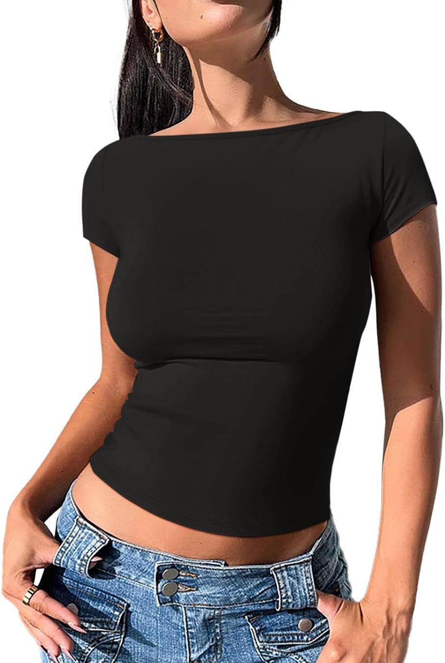 REORIA Women's Casual Boatneck Cap Sleeve Basic Crop Tops Trendy Spring Summer Cotton Going Out Fashion Y2K T-Shirts LARGE Black