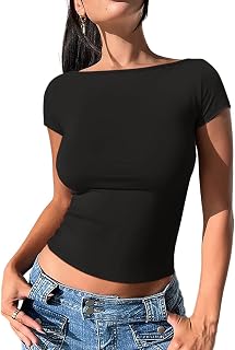 Women's Casual Boatneck Cap Sleeve Basic Crop Tops Trendy Spring Summer Cotton Going Out Fashion Y2K T-Shirts