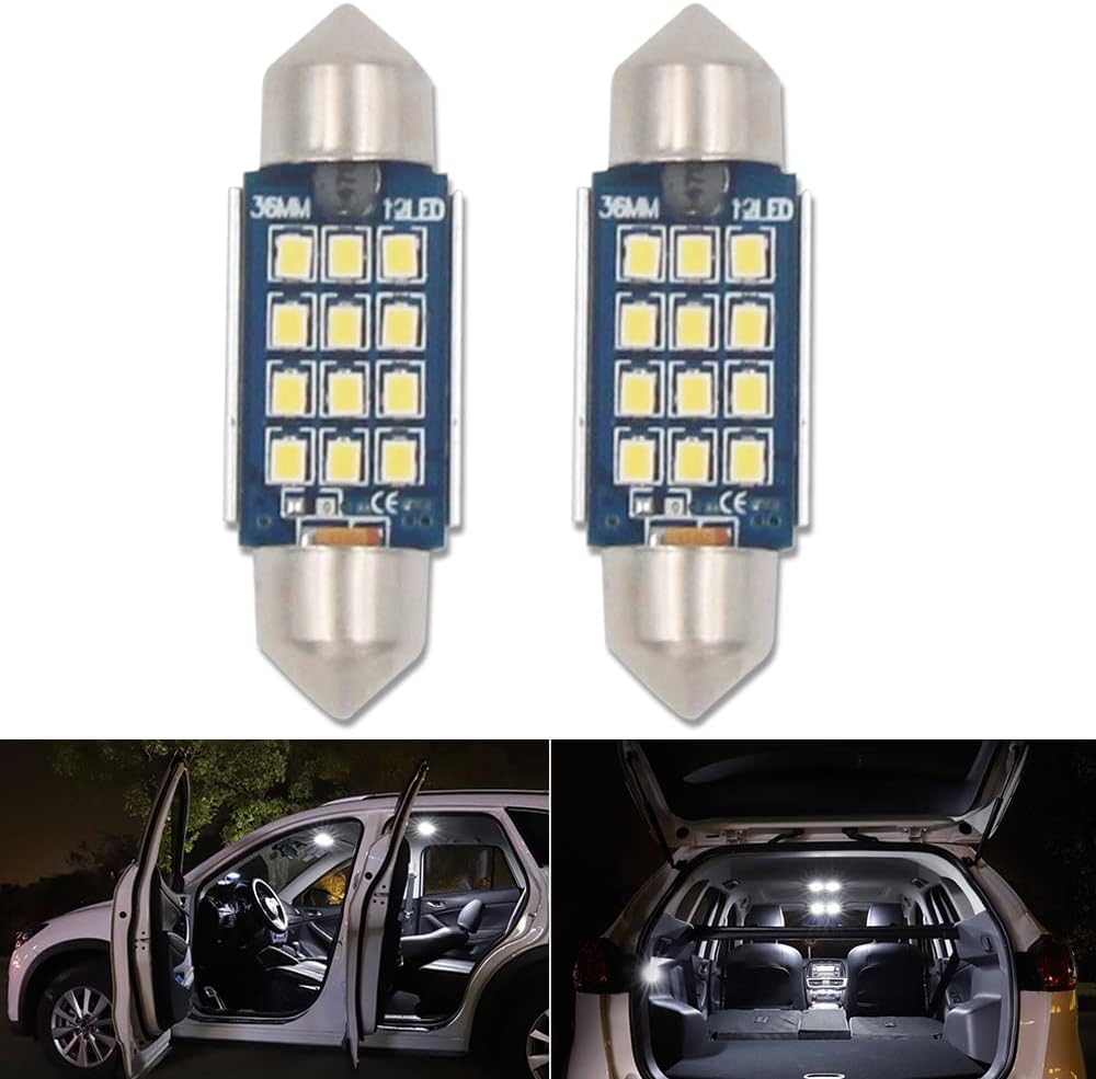 HSUN 36MM Festoon C5W LED Bulb, 12V-24V 6411 6413 6418 6461 6486X DE3423 DE3425 Canbus Error Free with 12LED SMD2016 Chip for Interior Dome Light,Number Plate Lights and more,2 Pack,6000K White