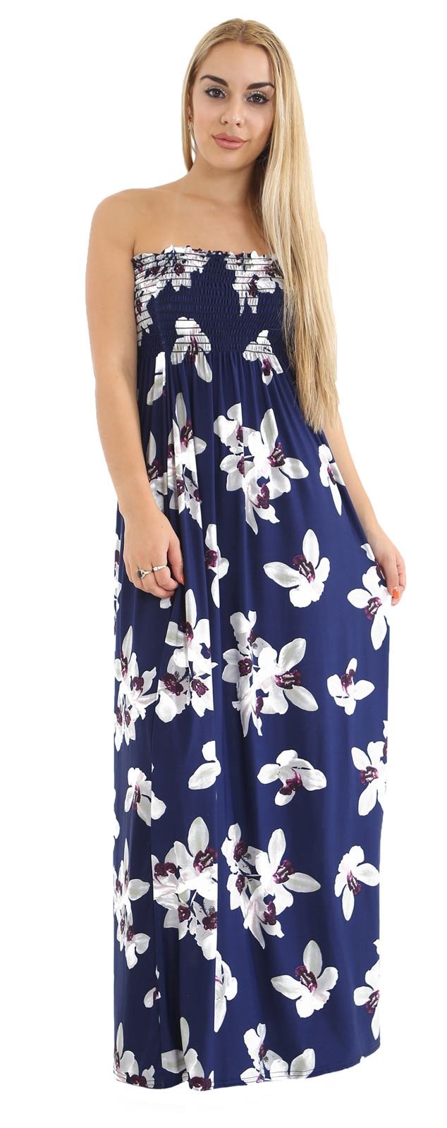 Girlzwalk Women's White Lily Strapless Maxi Dress Sheering Boob Tube Bandeau Printed Long Dress (, Xl 16-18)