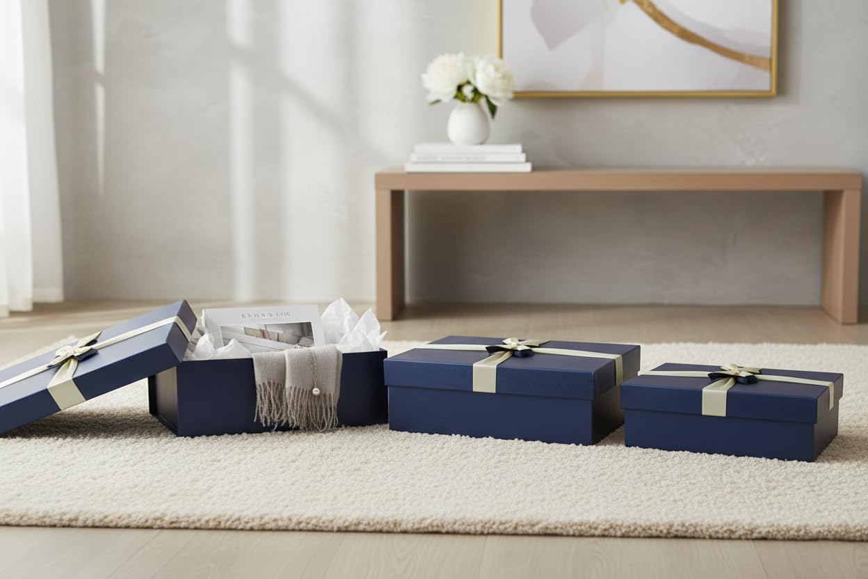 Emartbuy Set Von 3 Geschenkbox, Blaue Box Mit Deckel Und Cremefarbenes Satinband