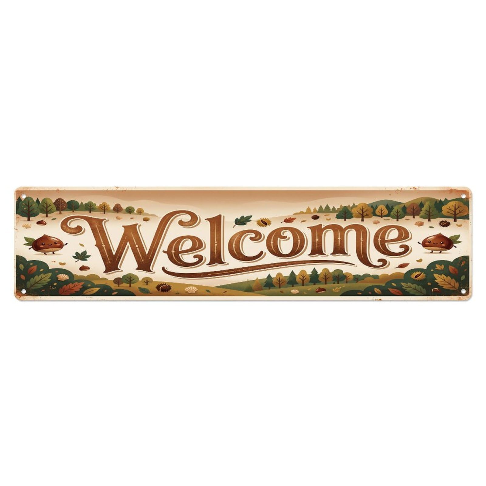 Vintage Welcome Chestnut Spiky Metal Tin Sign