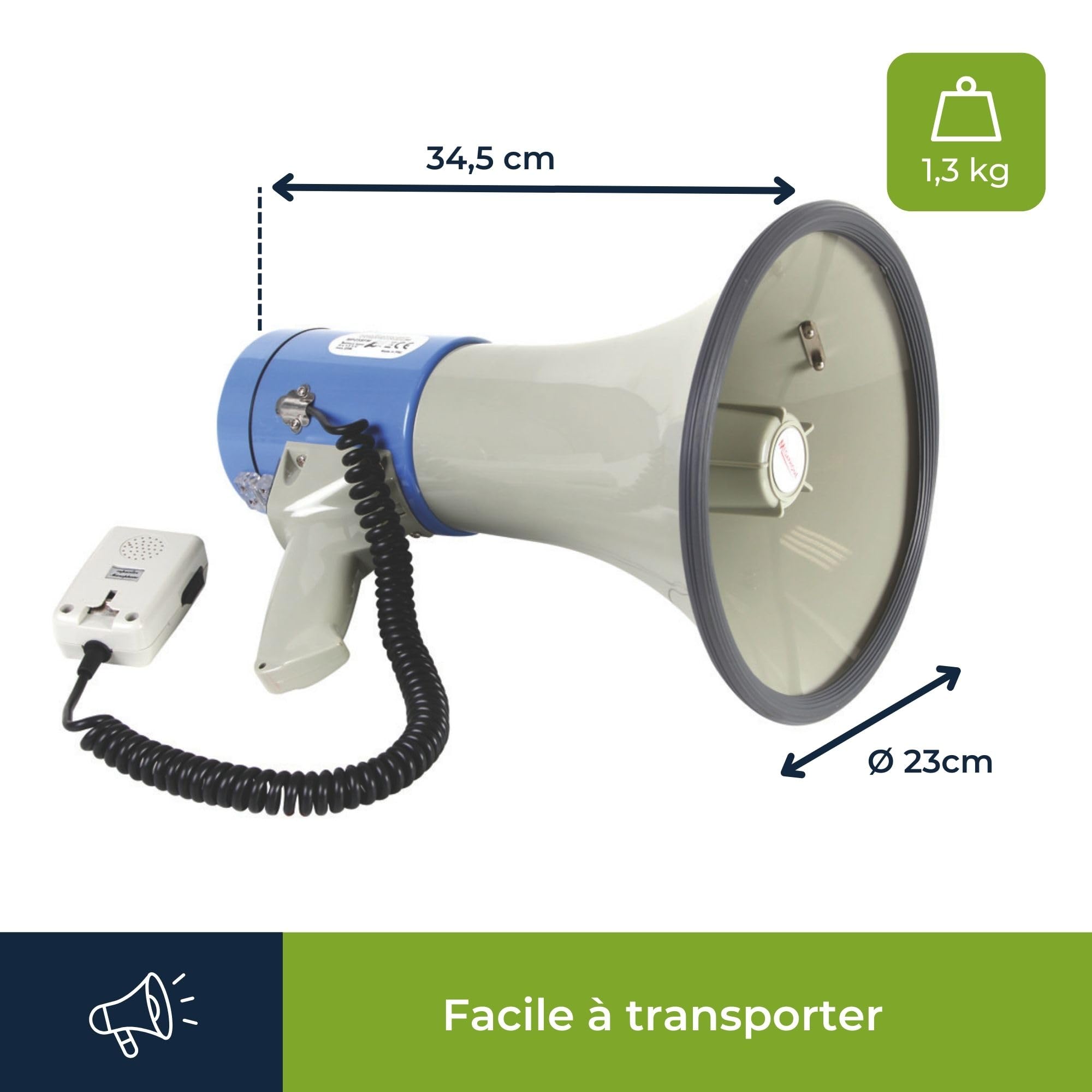 Velleman Mégaphone 25W avec sirène, Son sifflet, Micro détachable, réglage du Volume, Sangle, Design ABS Portable, portée 500m, Niveau sonore 92dB, Gris/Noir/Bleu