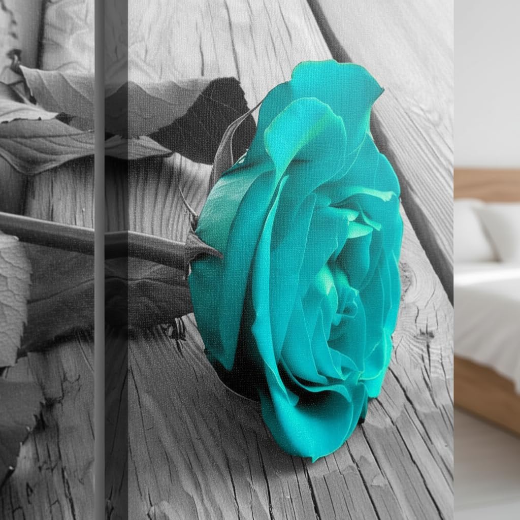JiazuGo Large Teal Rose Canvas Wall Art - Modern Turquoise Floral Print with Black White Background, Minimalist Botanical Painting for Living Room, Bathroom Decor, Housewarming Gift for Her
