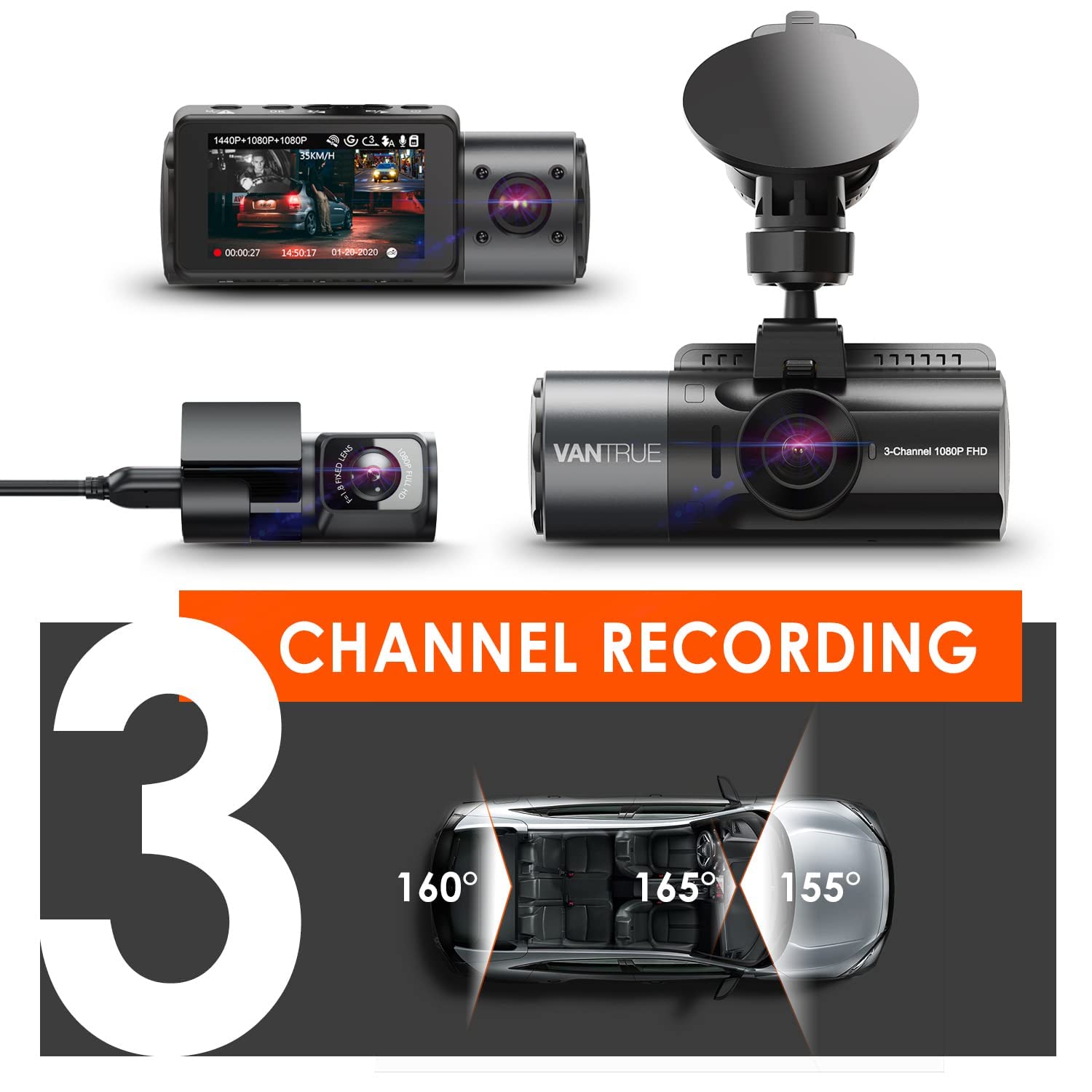 Vantrue N4 3 Channel 4K Dash Cam, 4K+1080P Front and Rear, 1440P+ 