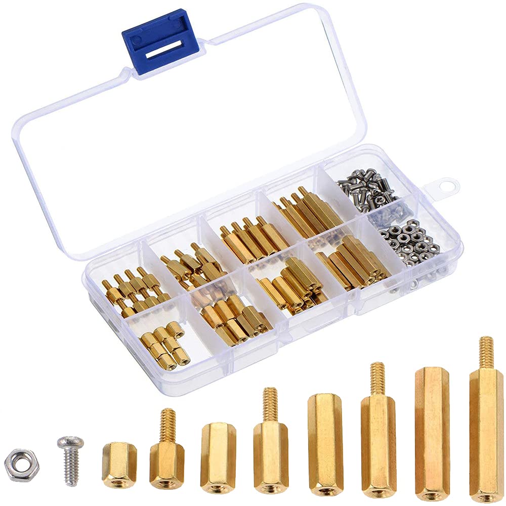 120 Pieces Copper Brass Pillar Hexagonal Standoff Circuit Spacer Set - M3 Stainless Steel Screw Nut for Electronics, Electrical Appliances, Furniture - 10 Models