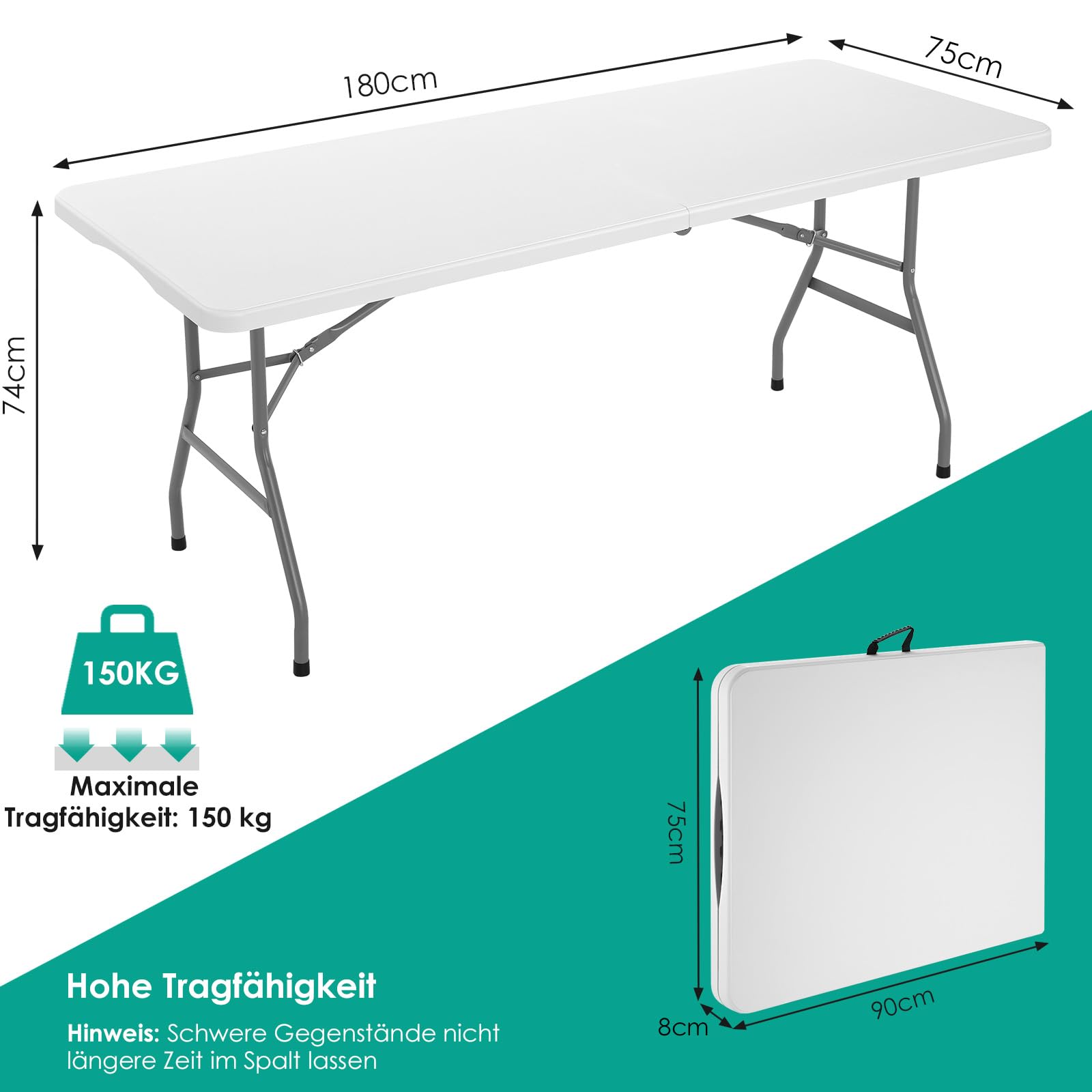 LIFERUN Składany stół ogrodowy, bufetowy, 183 x 76 cm, z tworzywa sztucznego, z uchwytem do noszenia, stół kempingowy dla 10 osób, odporny na warunki atmosferyczne, przenośny, do ogrodu, na taras