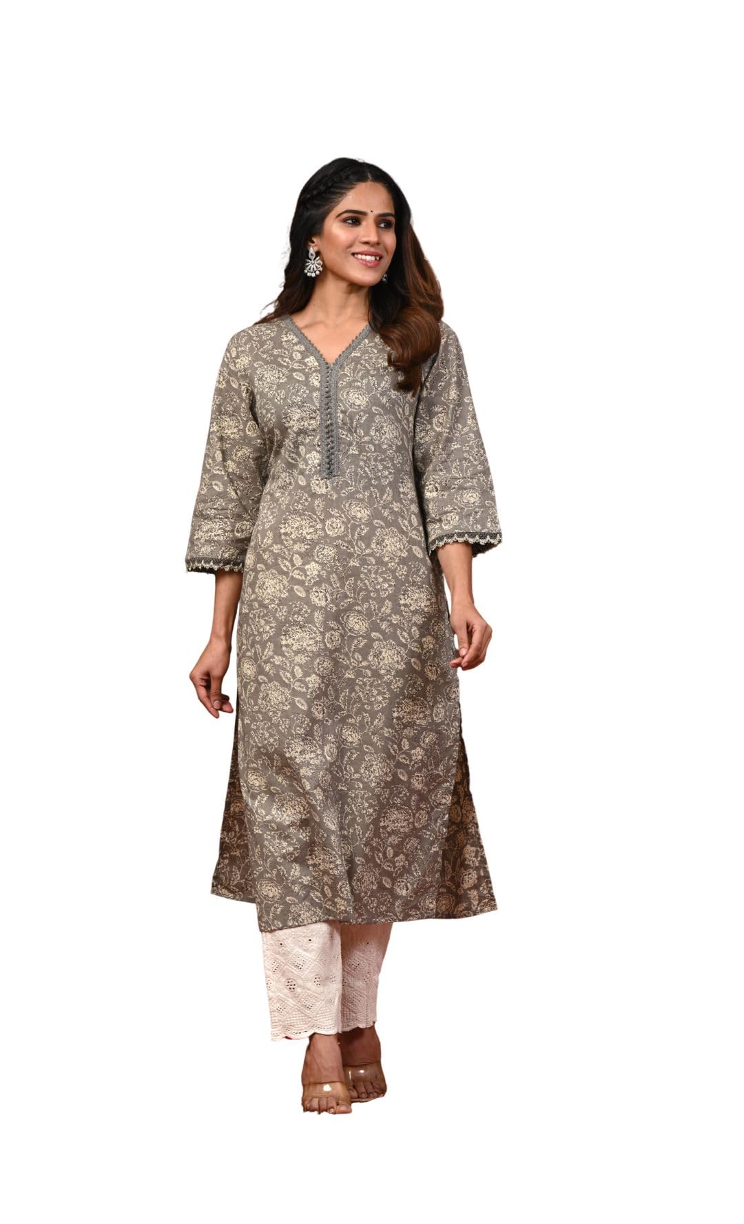 Women Floral Printed V-Neck Collar 3/4th Raglan Sleeve Kurta | Ethnic Wear | Straight Fit Calf Length Salwar Suit-image-5