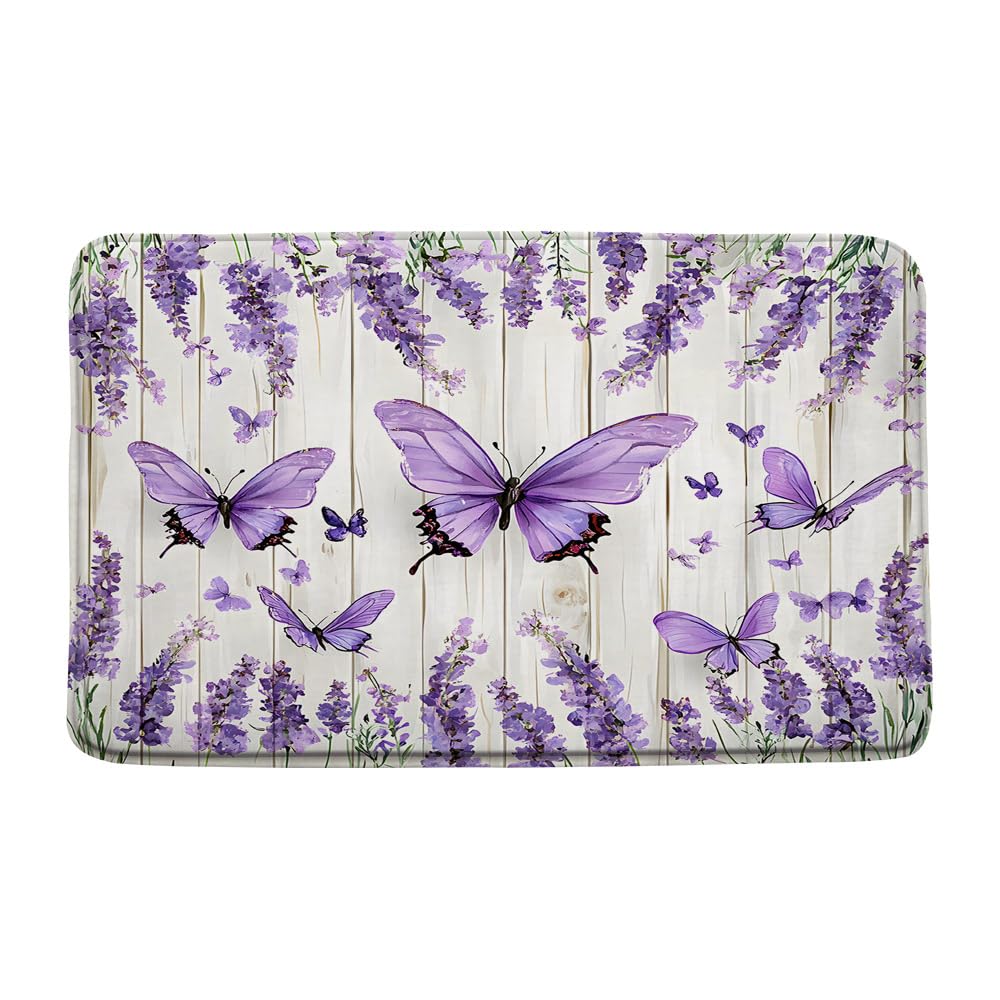 Lavender Butterfly Bath Mat Purple Flower Rustic Flowers Spring Violet Floral Watercolor Farmhouse Wooden Plank Women Bathroom Rugs Indoor Carpet