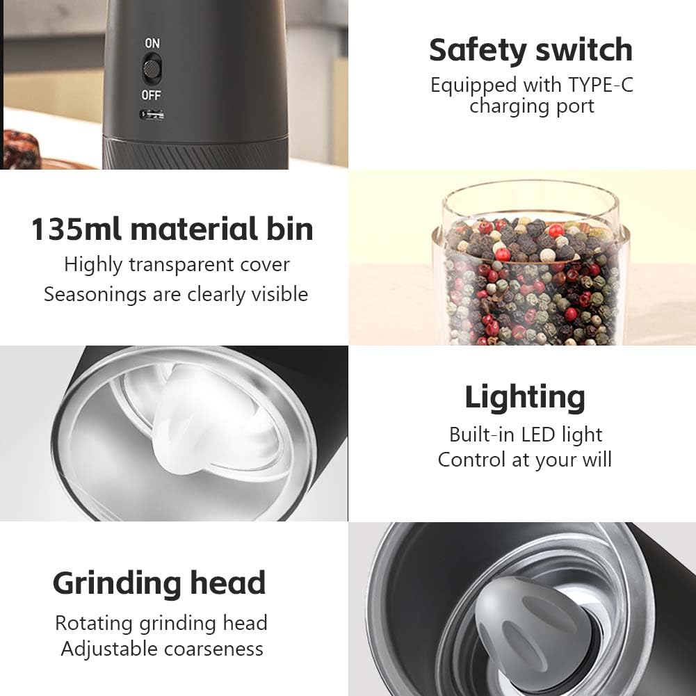 HOTUT Macina Sale e Pepe Elettrico, 2 Pezzi Macinapepe Elettrico, Ricaricabili USB, Macinatura Regolabile da Fine a Grossolano, Con Luce a LED, Macina Spezie Automatica per Cucina, Nero